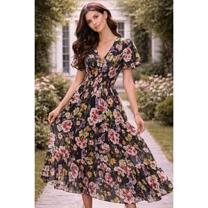 Anthropologie The Somerset Maxi Dress Tiered Smocked XS Dark Gray Pink Purple